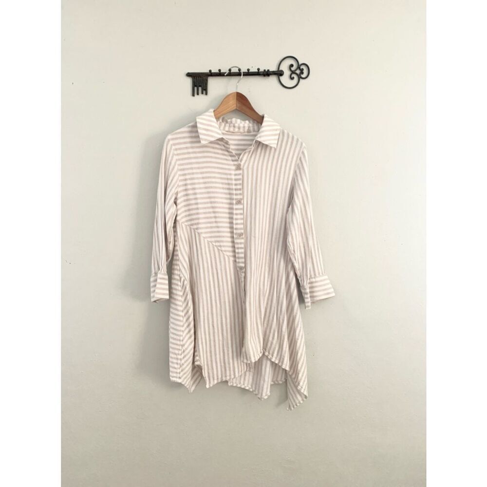 Soft Surroundings Striped Button Front Tunic Top Small Beige White Asymmetrical